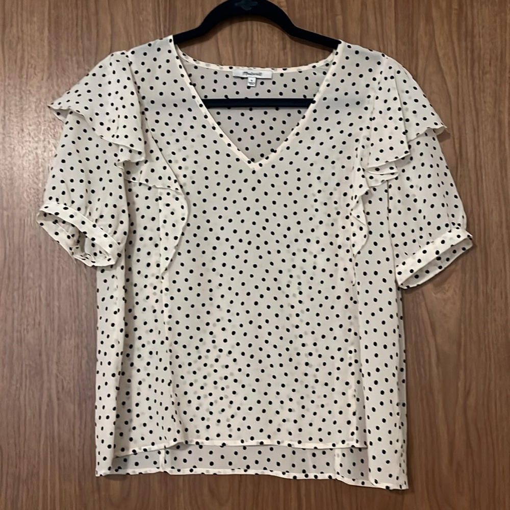 Madewell Silk V-Neck Shoulder-Ruffle Top in Inkbrush Dots